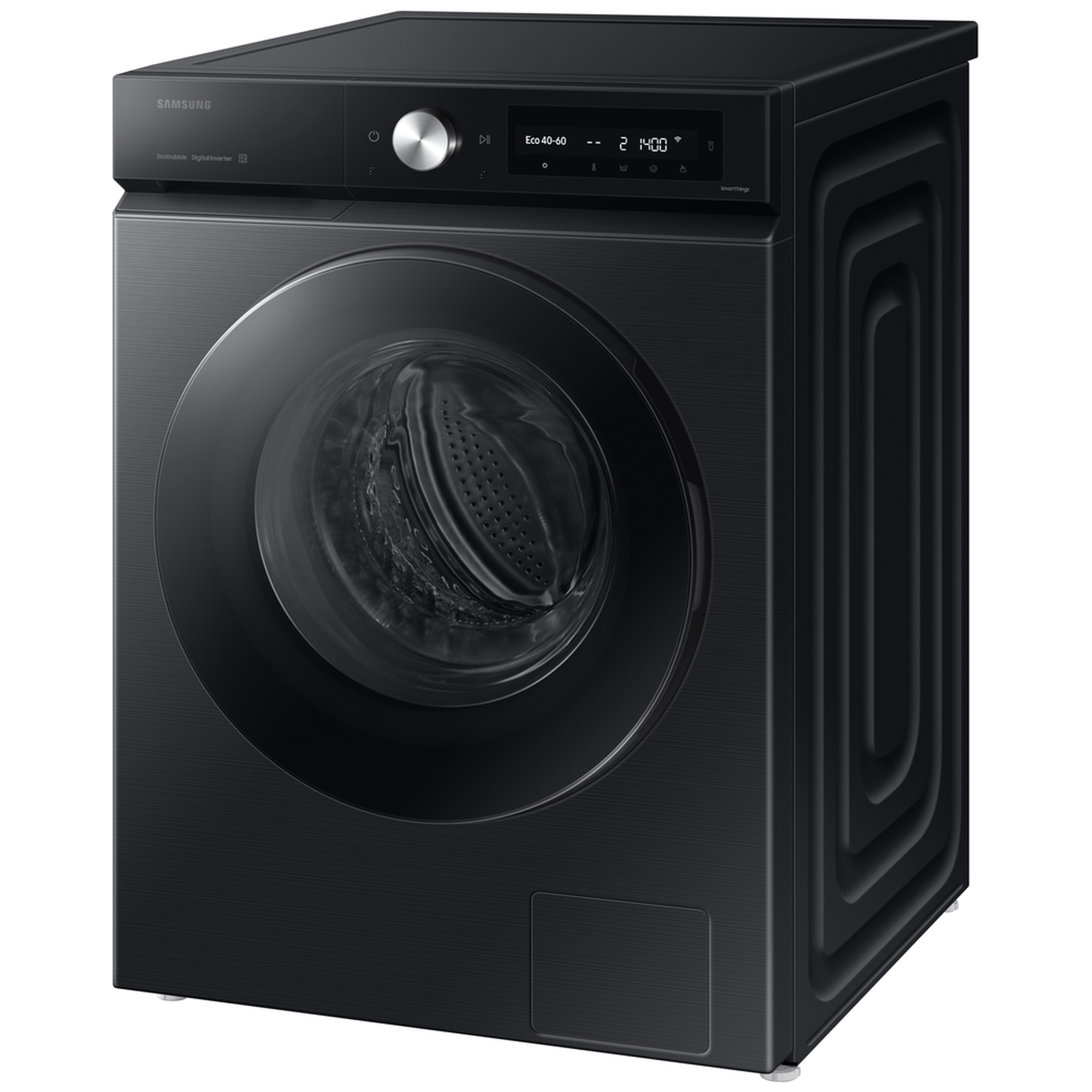 Black Samsung washing machine with silver dial and digital display.