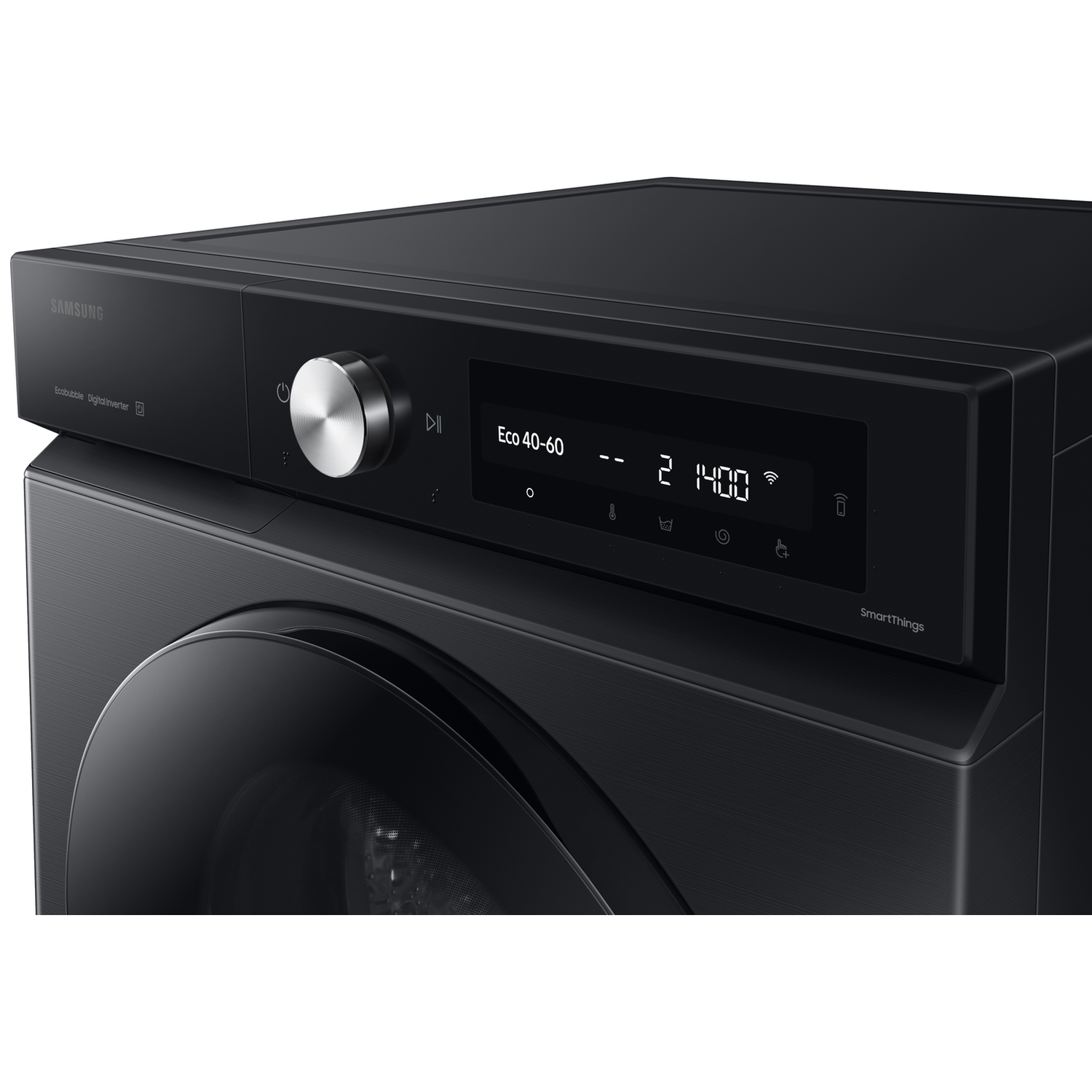 Black Samsung washing machine with digital display and silver dial.