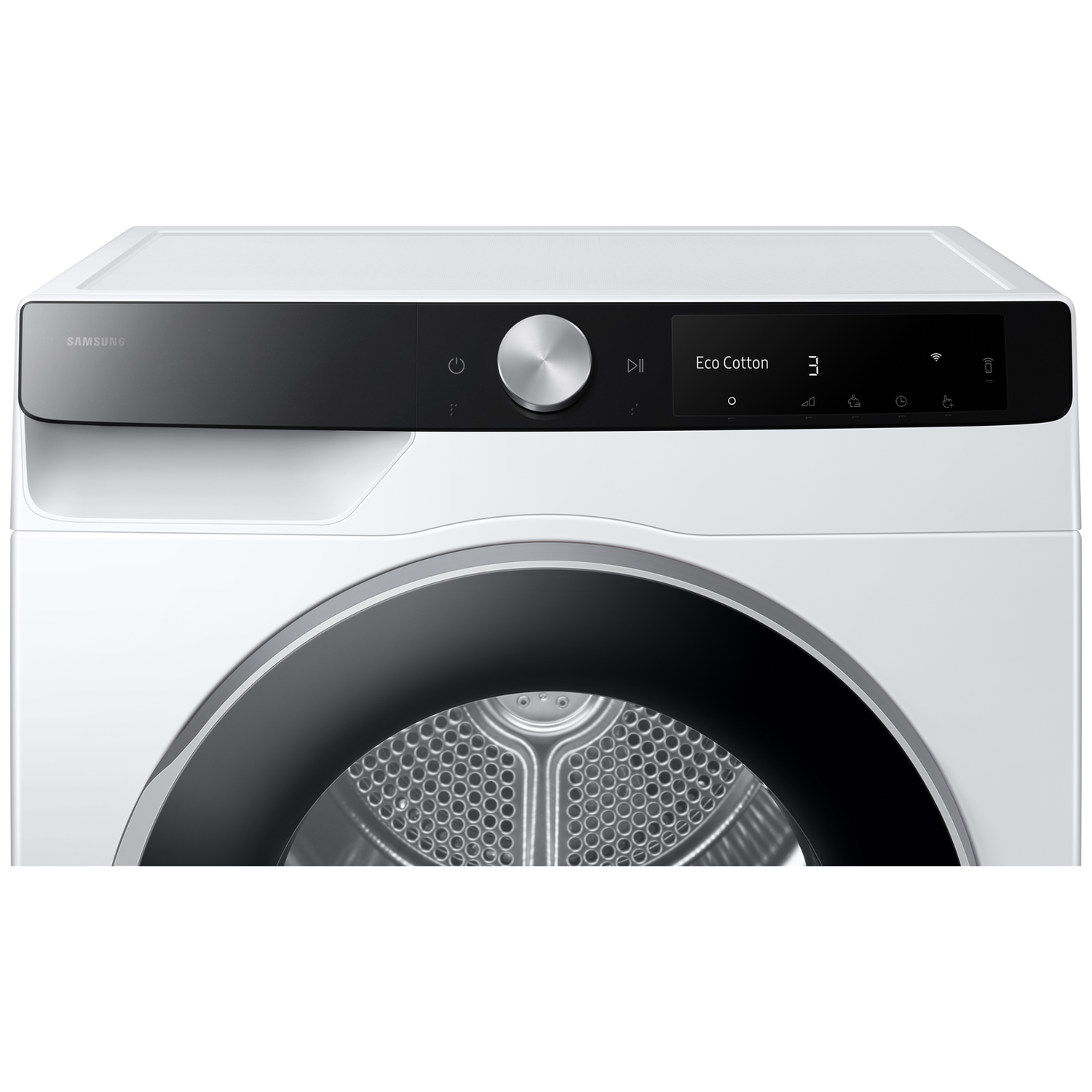 Close-up of a white Samsung dryer, showing the control panel and drum.