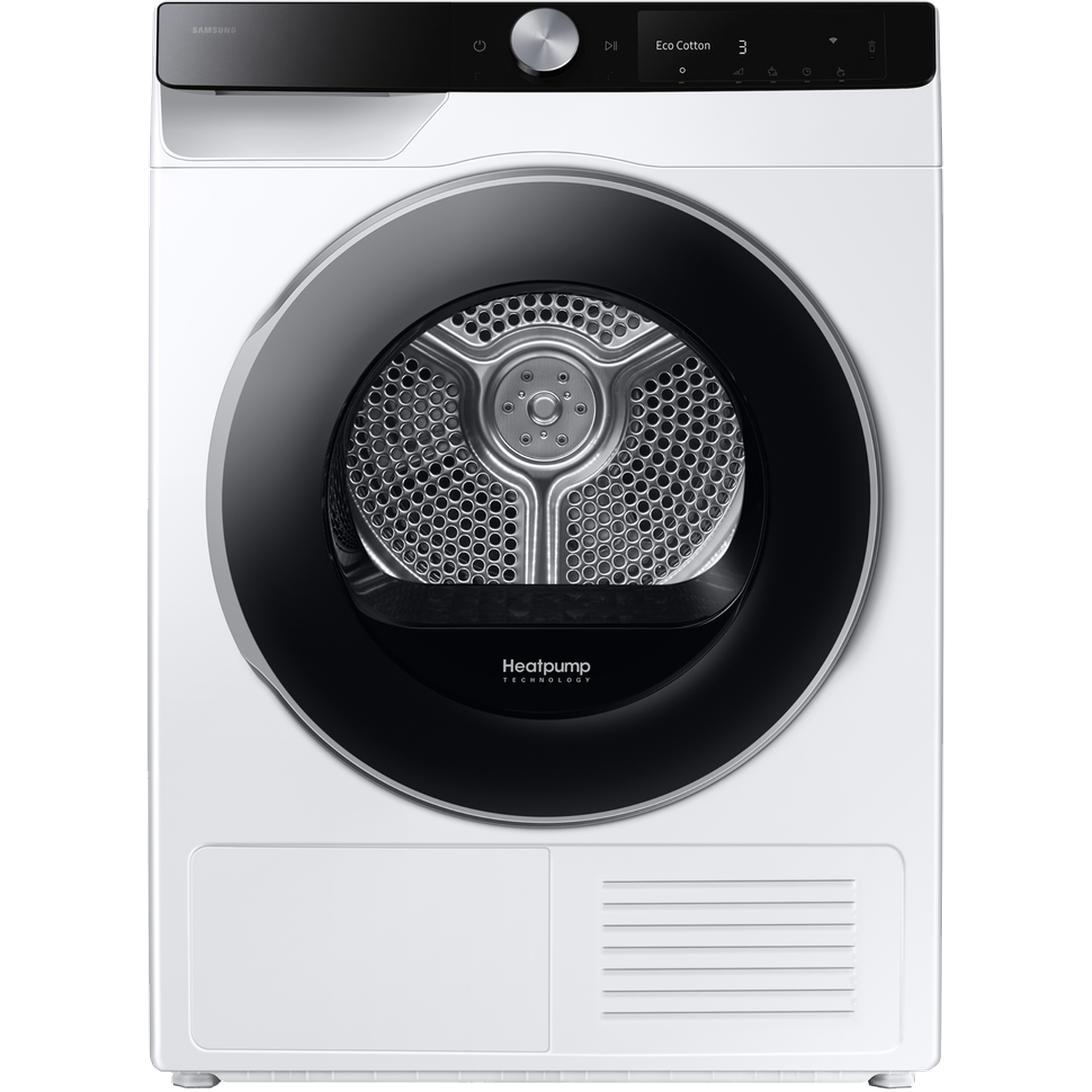 A white Samsung dryer with a black door and digital display.