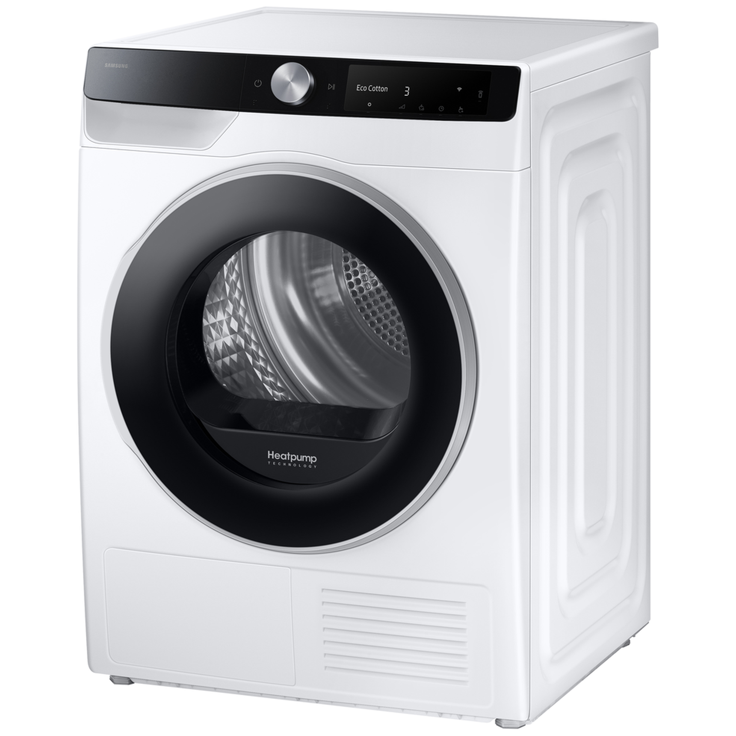 White Samsung heat pump dryer with black door and digital display.