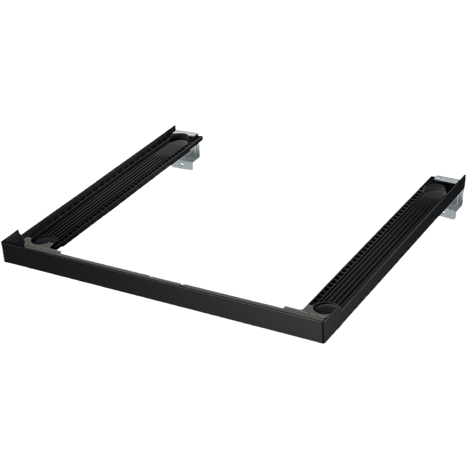 A black U-shaped frame with metal brackets and ribbed surfaces.
