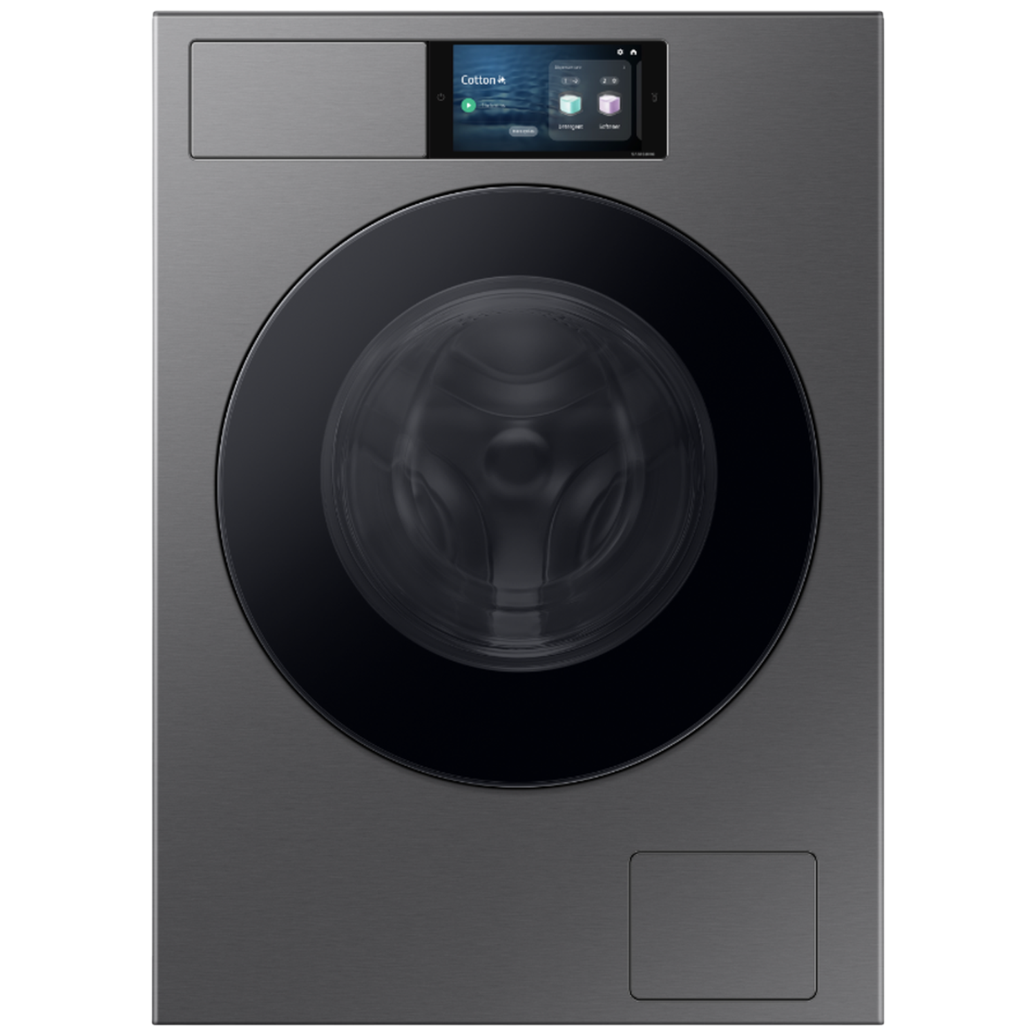 Grijze wasmachine met touchscreen display, zwarte deur en zilver bedieningspaneel.