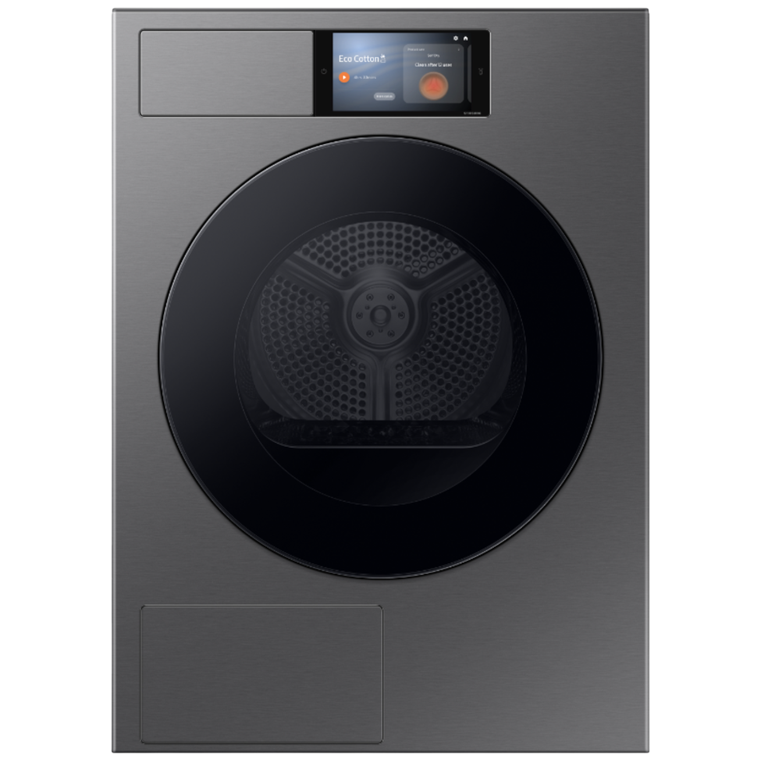 Grijze wasmachine met touchscreen en ronde deur.