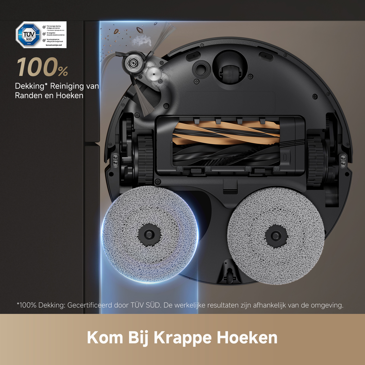 Een robotstofzuiger met roterende dweilpads en borstels, die hoeken reinigt.