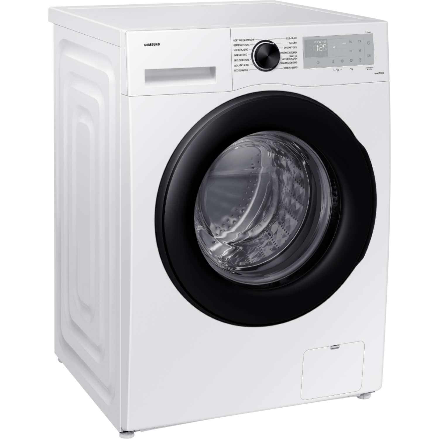 A white Samsung washing machine with a black door and digital display.