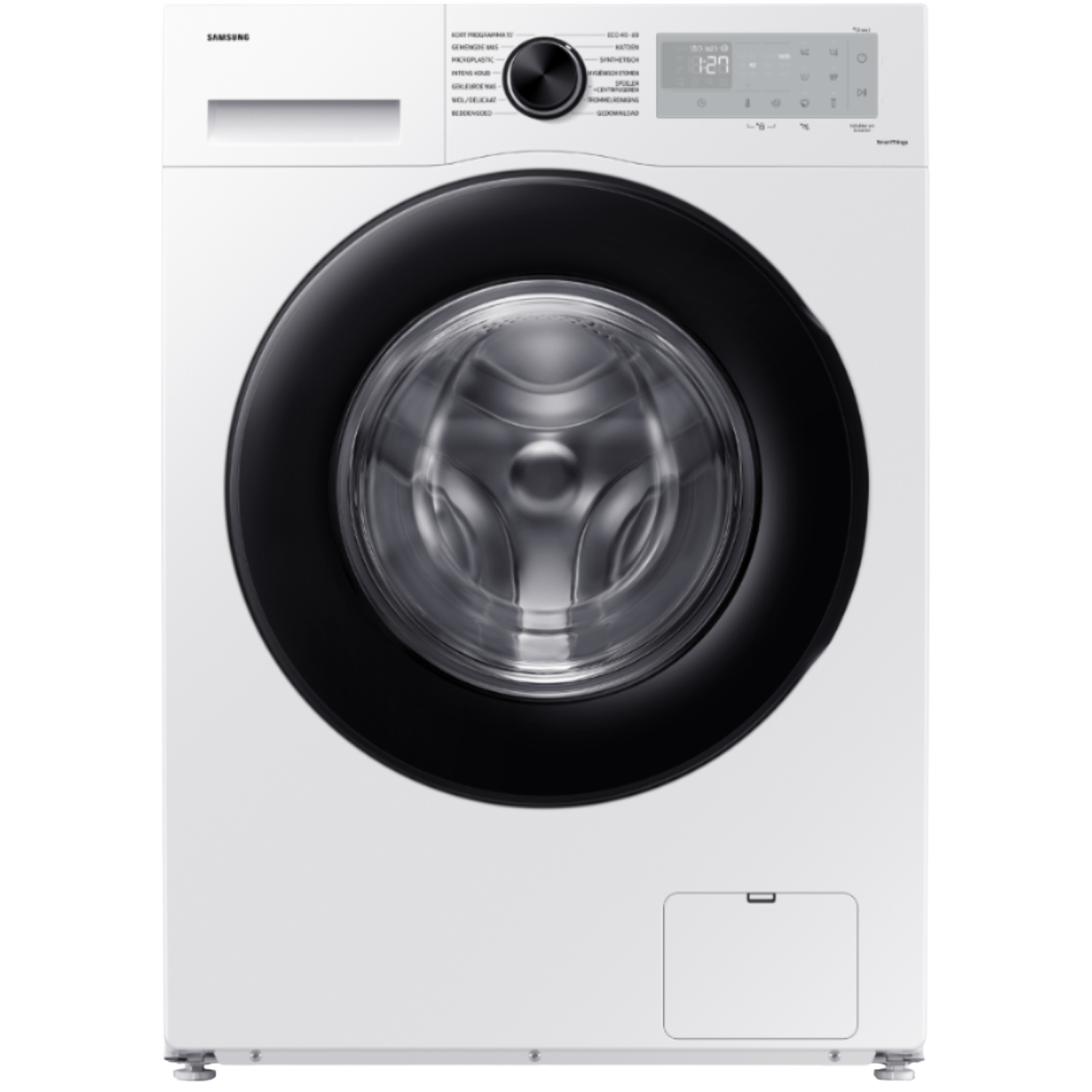 White Samsung washing machine with black door and control panel.