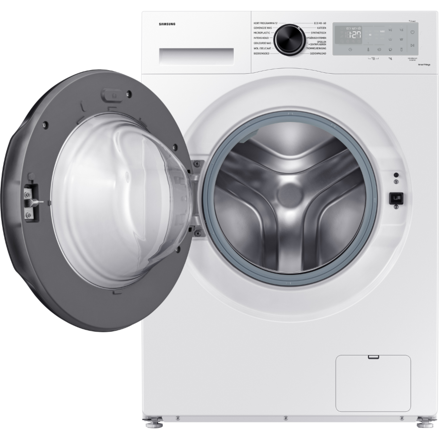 A white Samsung washing machine with its door open. The display shows the time.