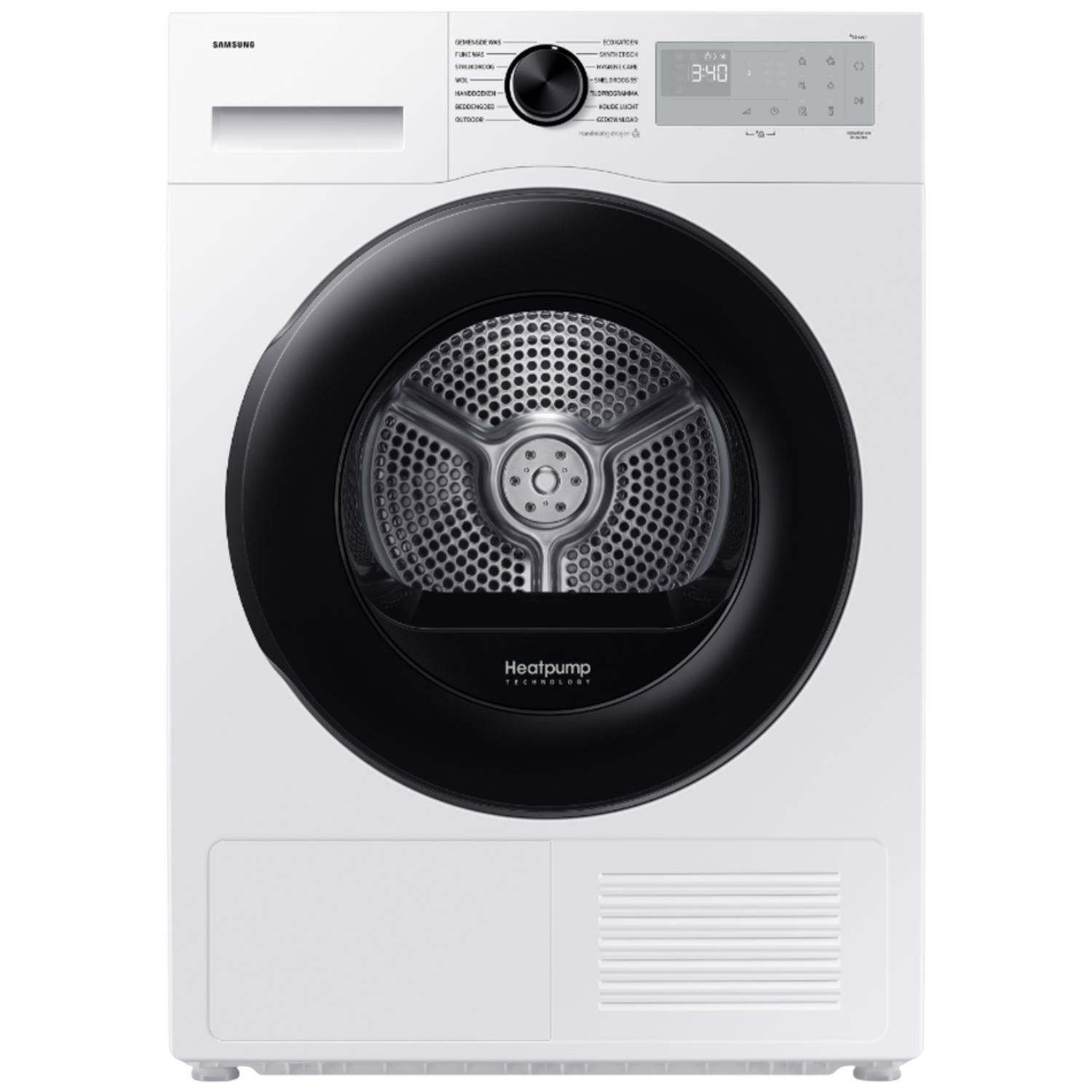White Samsung heat pump dryer with black door and digital display.