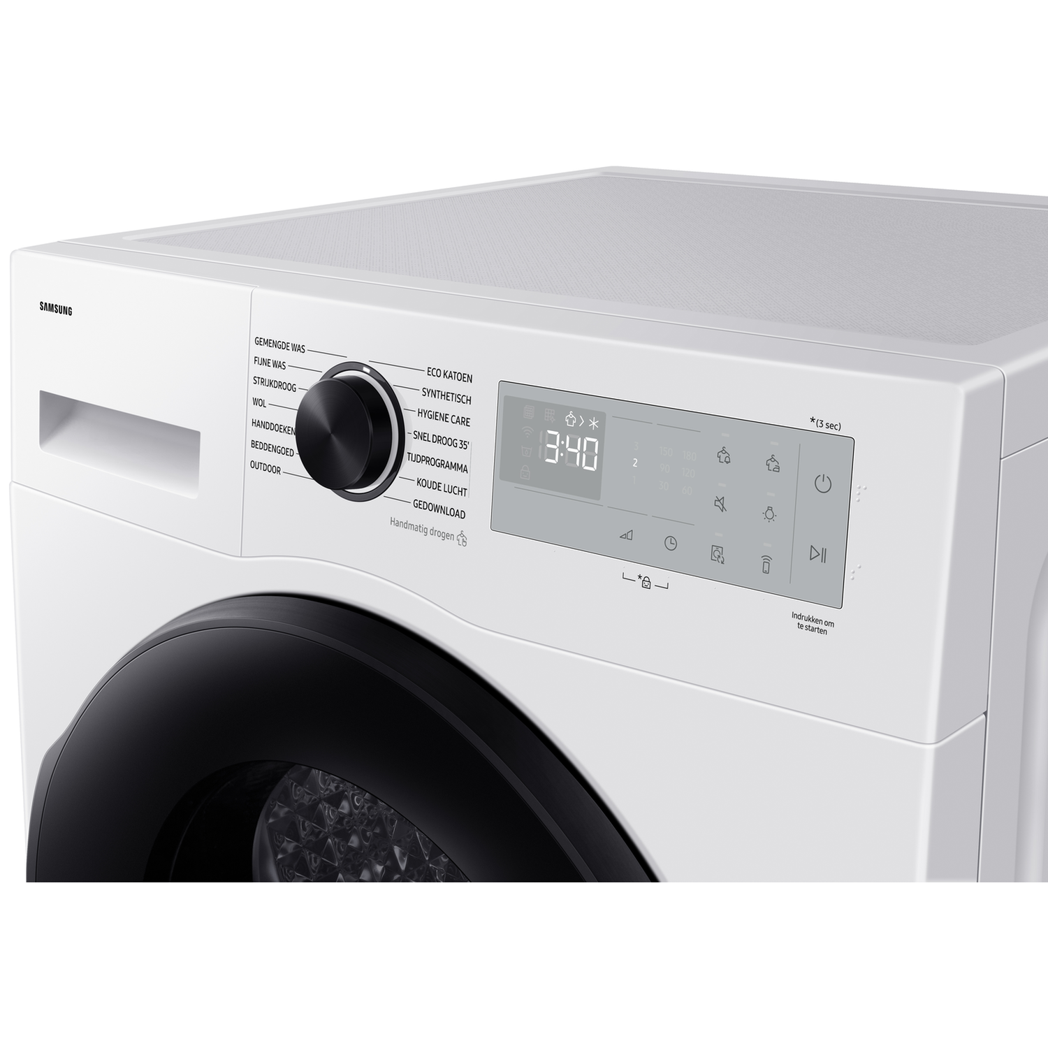 White Samsung washing machine with control panel and program selection dial.