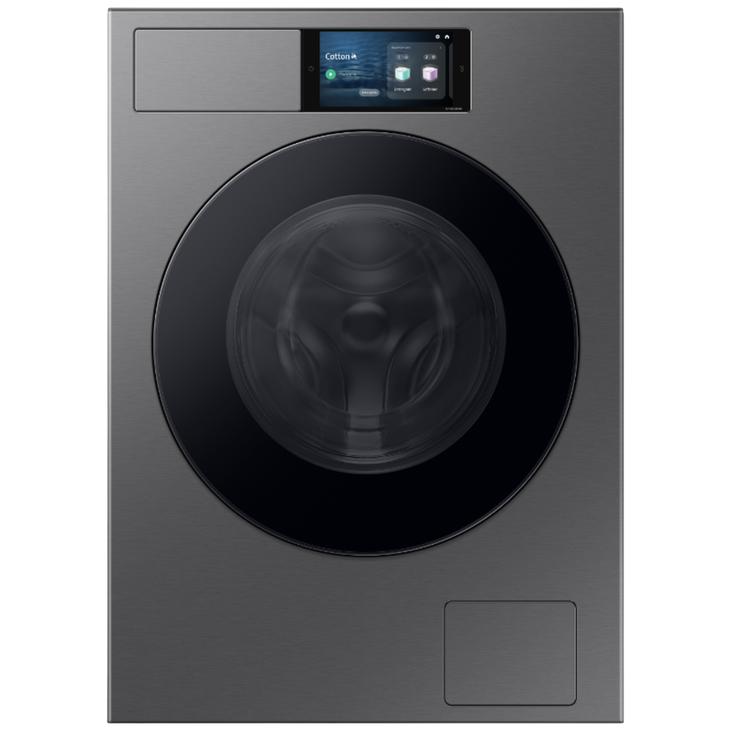 Modern dark washing machine with touchscreen display and round black door.