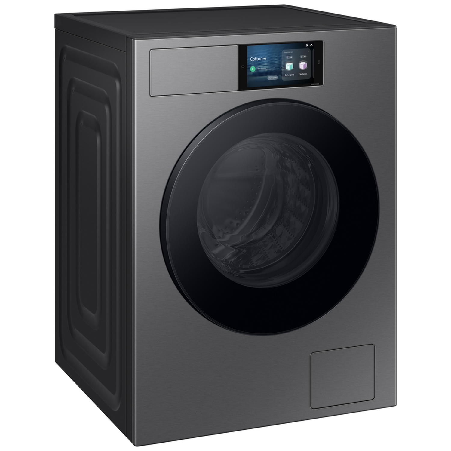 A gray washing machine with a touchscreen display and round door.