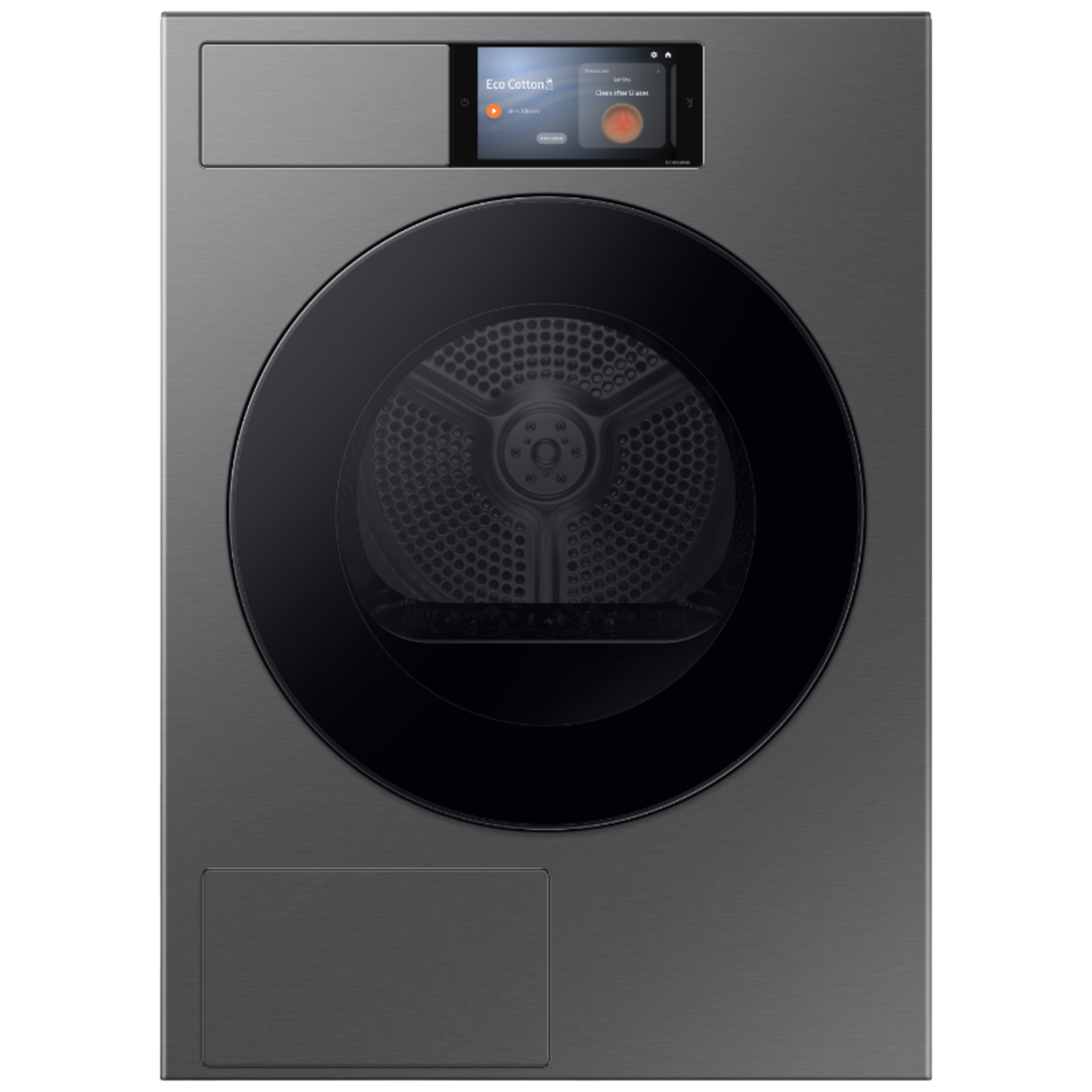 Gray dryer with a black round door and a touchscreen display on top.