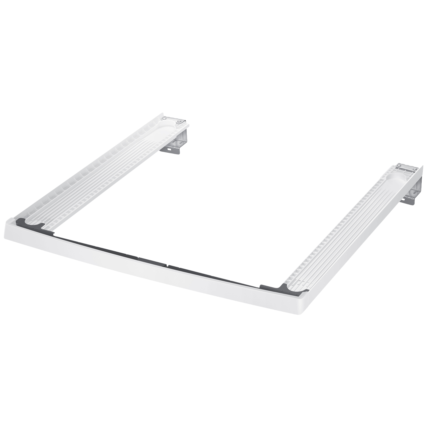 White U-shaped refrigerator drawer frame with metal brackets and grooved surface.