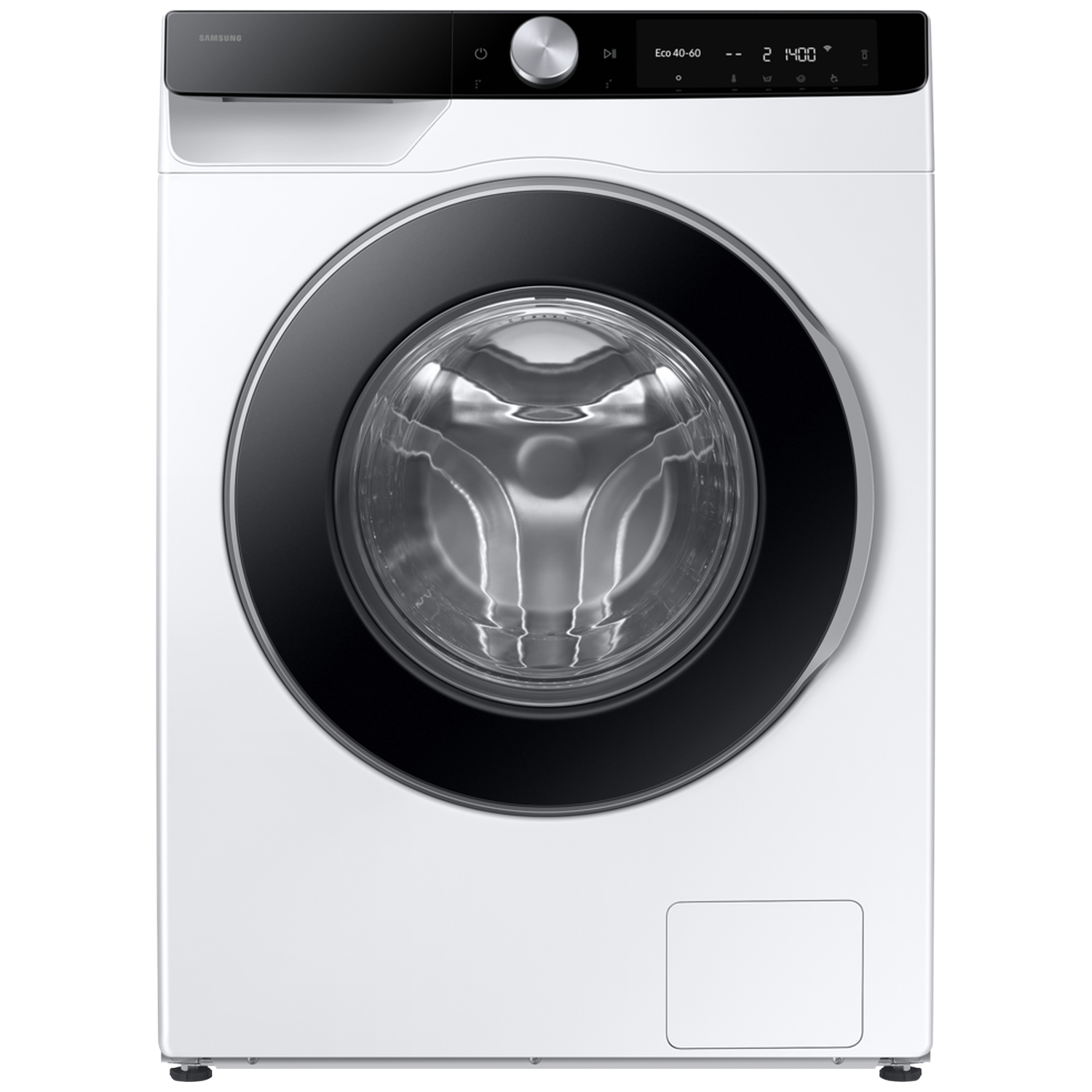 White Samsung washing machine with a black door and control panel.