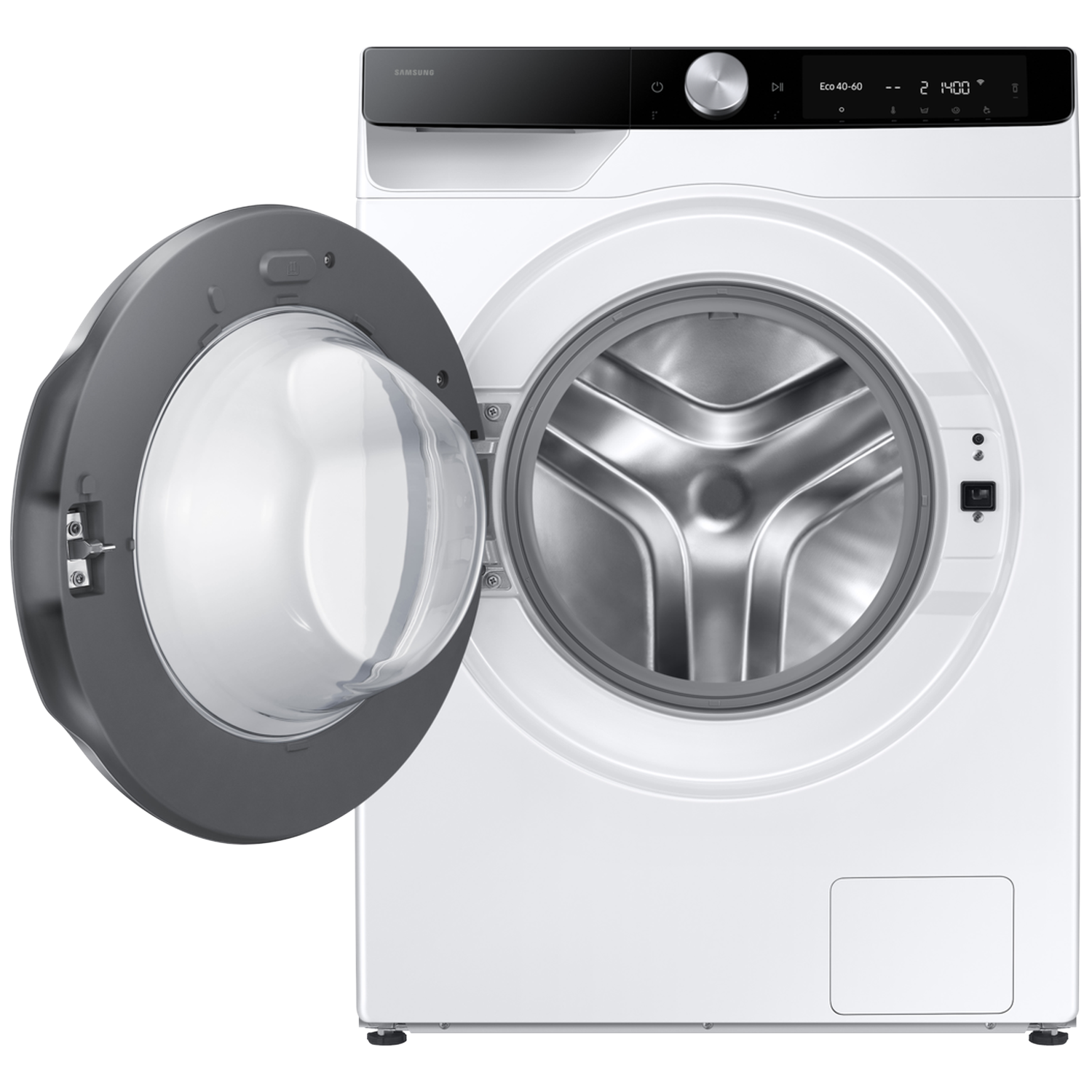 White Samsung washing machine with open door and silver drum.