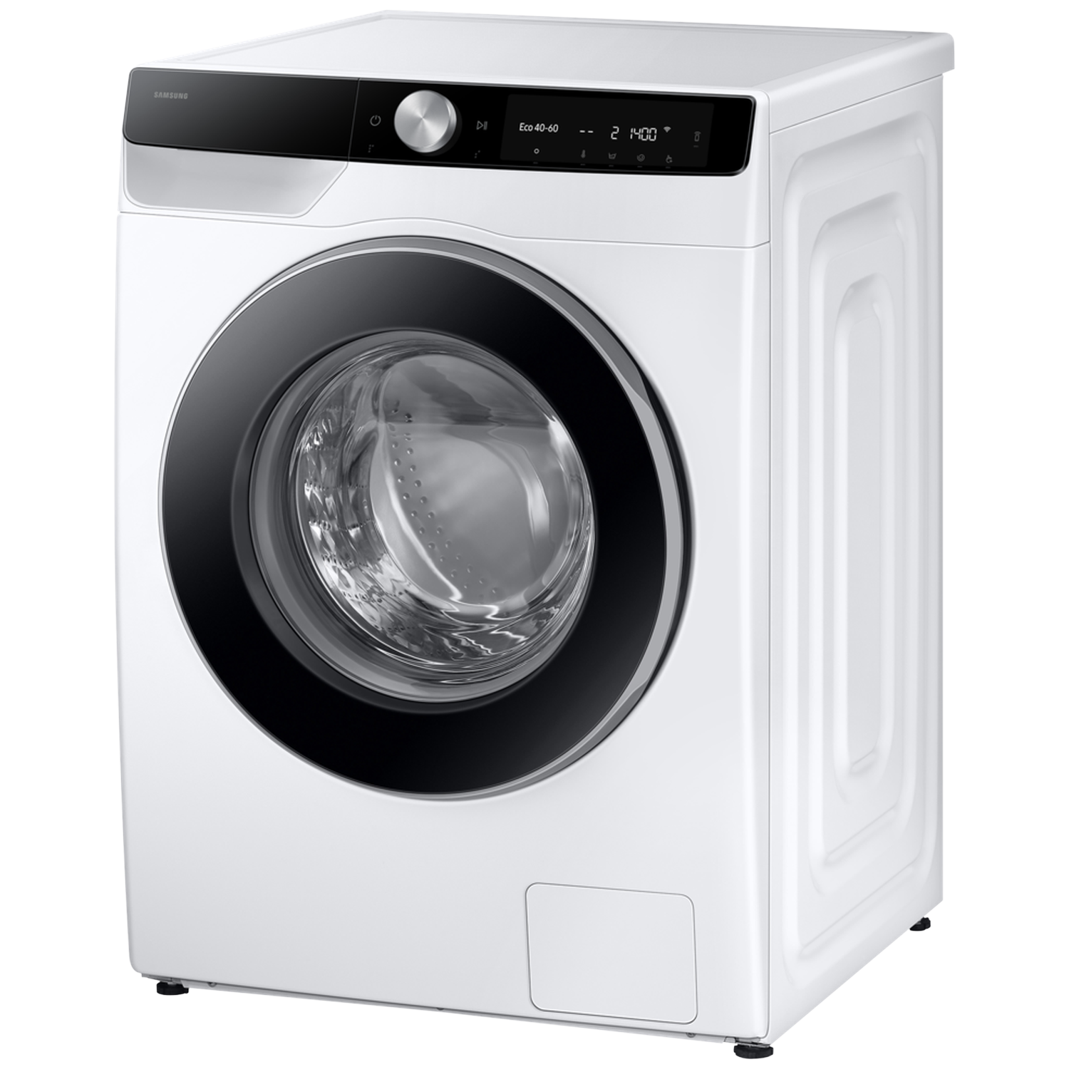 A white Samsung washing machine with a black door and silver dial.