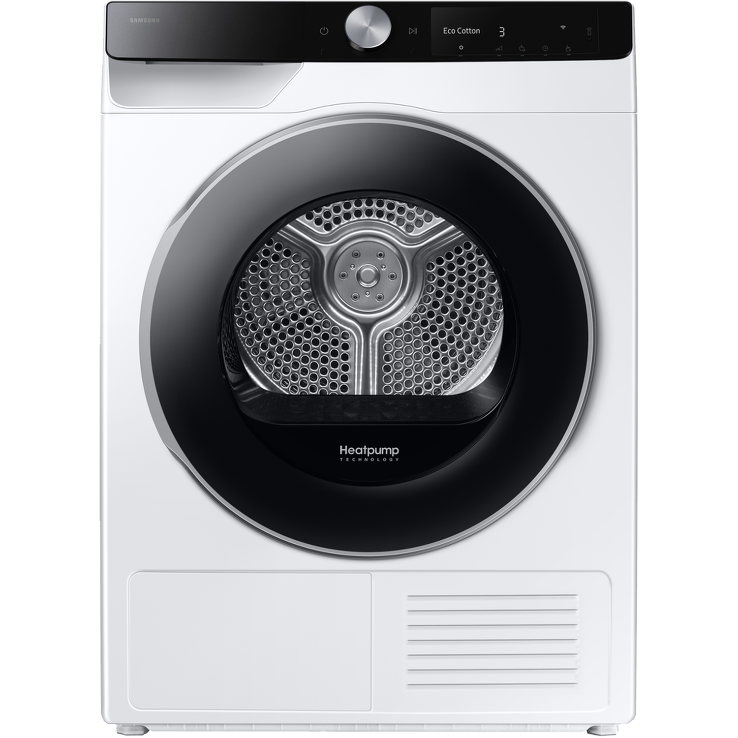 A white Samsung heatpump dryer with a black door and digital display showing Eco Cotton.