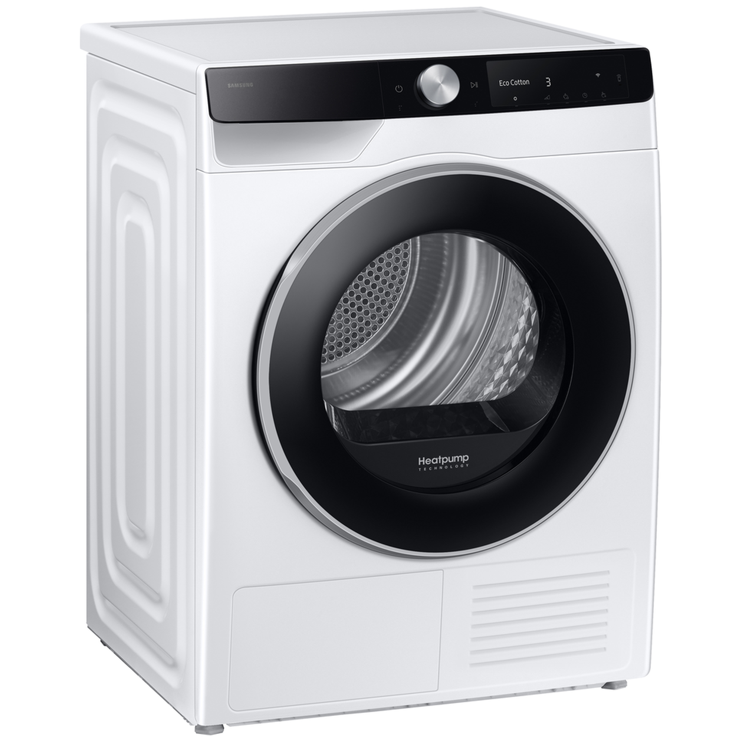 White Samsung dryer with a black door and control panel.