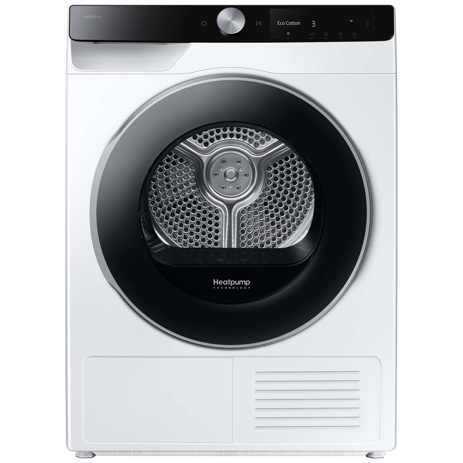 White Samsung heat pump dryer with black door and control panel.