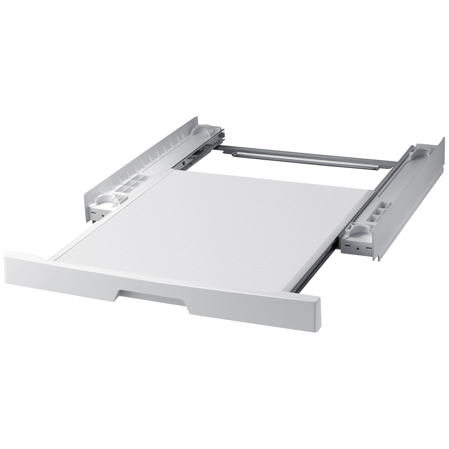 A white pull-out pedestal for a washing machine with silver rails.