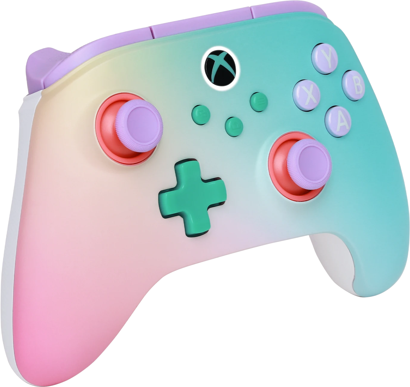 Pasztell színátmenetes Xbox kontroller lila és zöld díszítéssel.