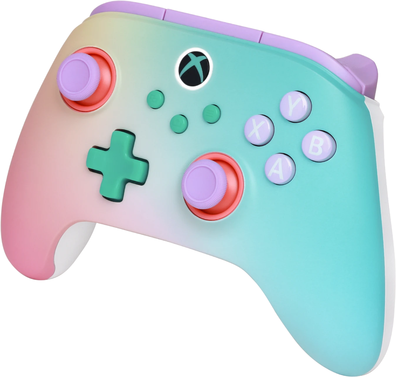 Pasztellszínű Xbox kontroller lila joystickokkal és gombokkal.