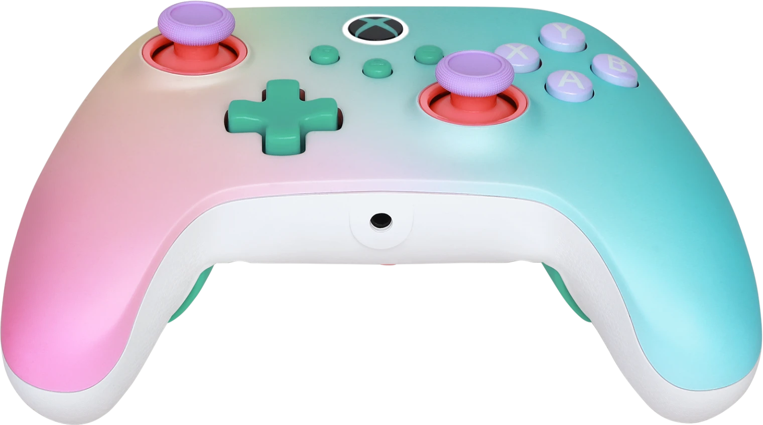 Színes Xbox kontroller rózsaszín, kék és fehér színátmenettel.