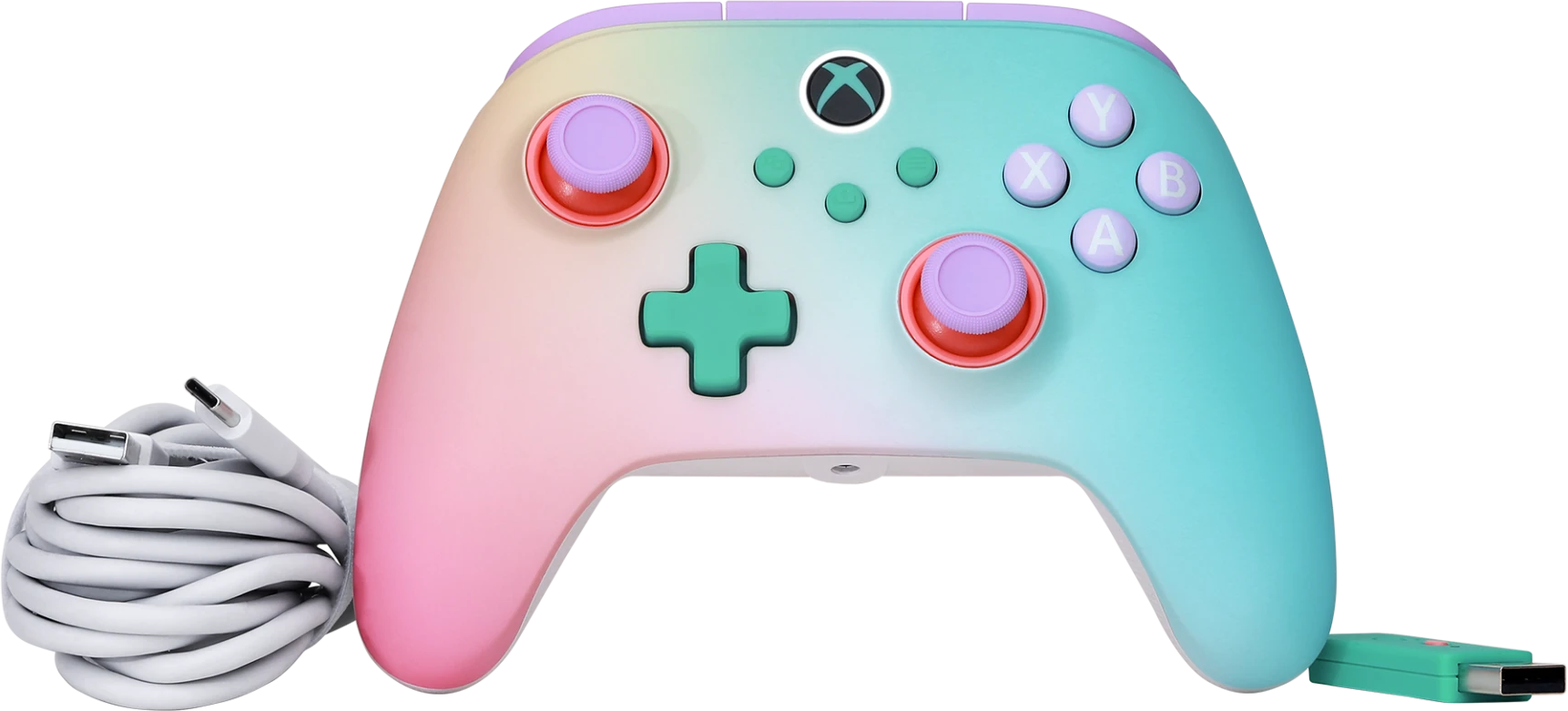 Színes Xbox kontroller, rózsaszíntől türkizig tartó színátmenettel.