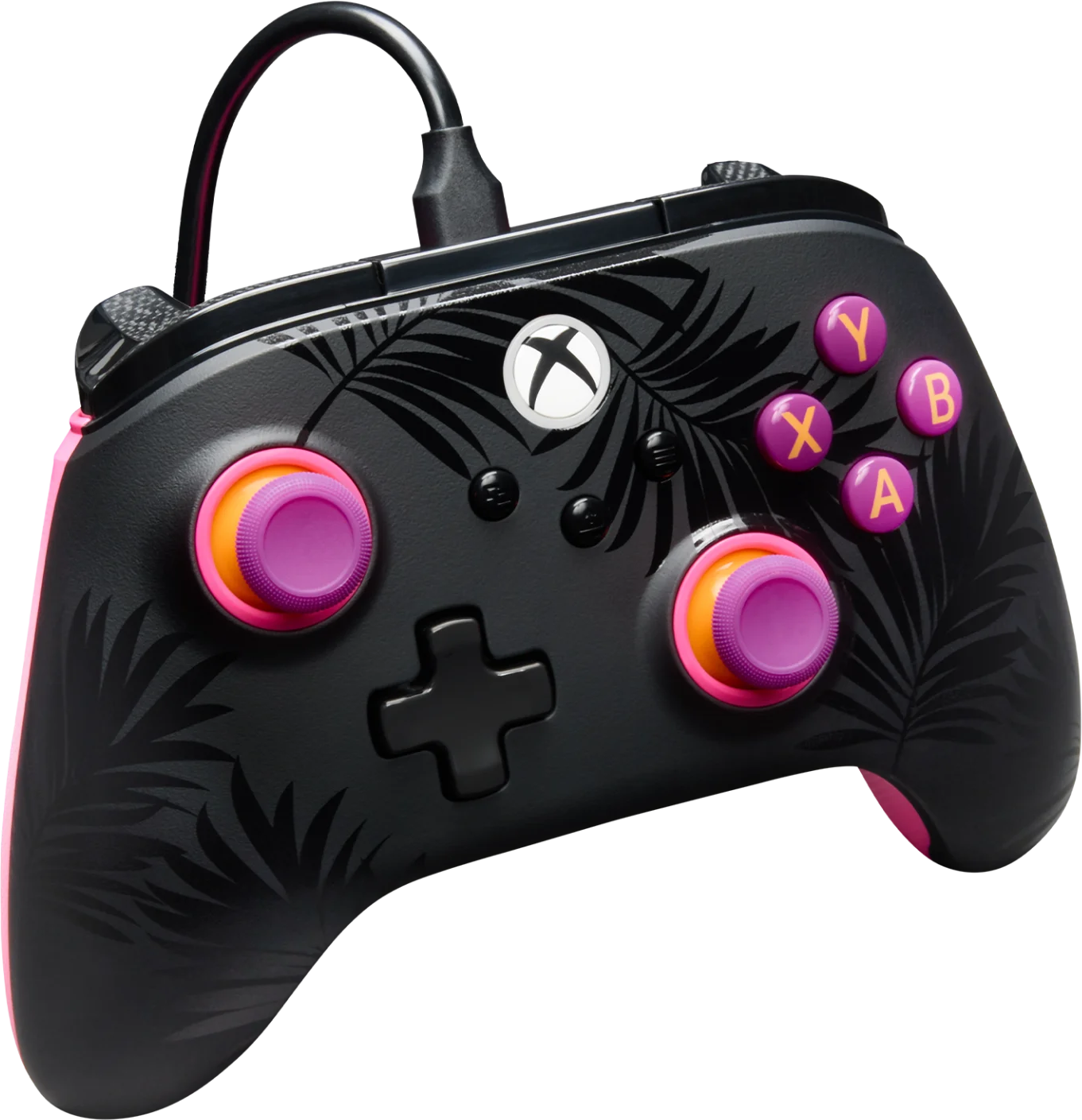Fekete Xbox kontroller pálmalevél mintával, rózsaszín és narancssárga díszítéssel, lila gombokkal.