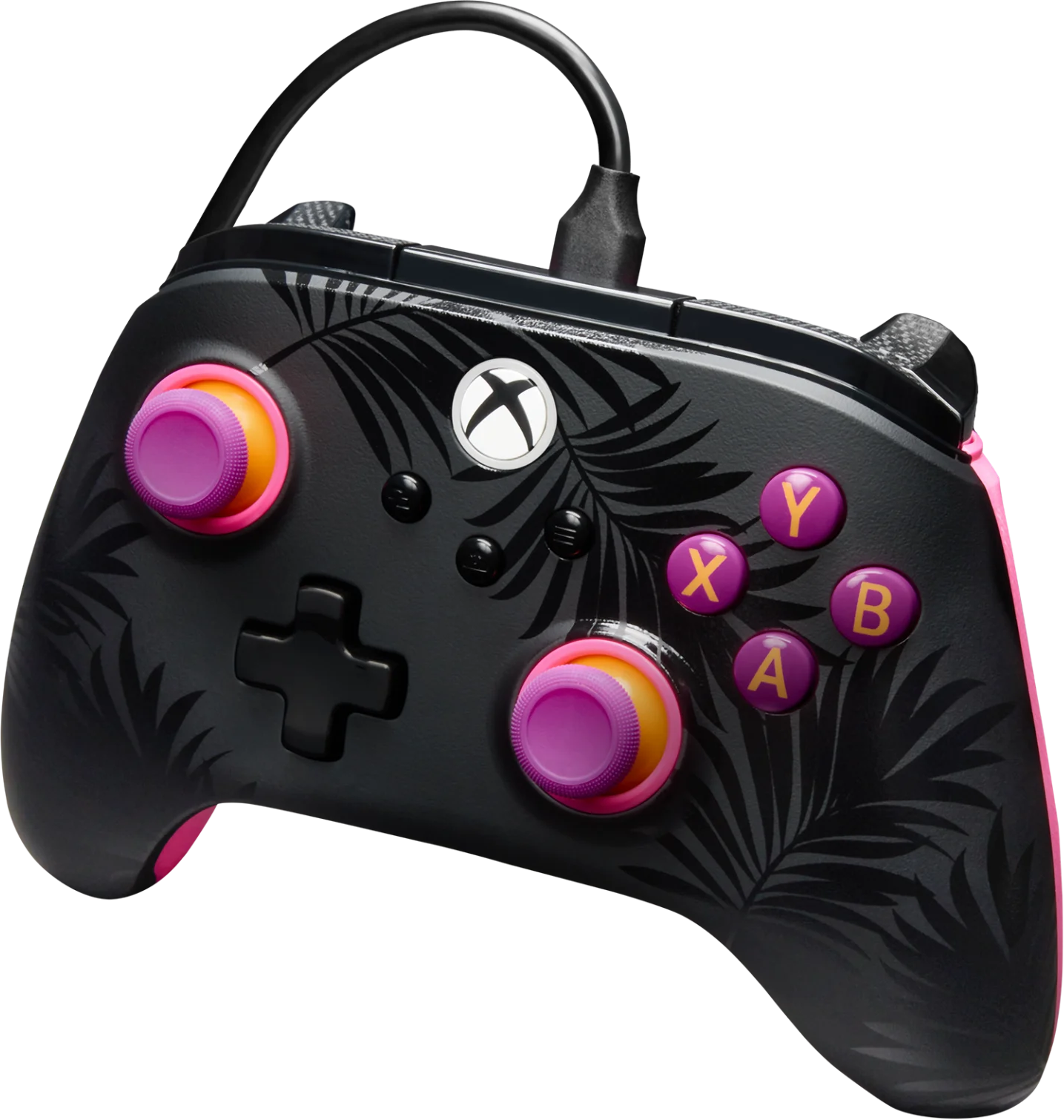 Fekete Xbox kontroller pálmalevél mintával, lila és sárga díszítéssel.
