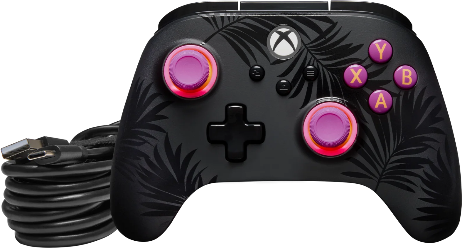 Fekete Xbox kontroller pálmalevél mintával, rózsaszín kiemeléssel és USB-C kábellel.