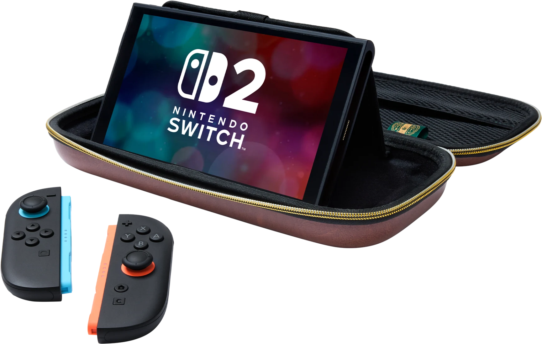 Nintendo Switch barna tokban, levehető kék és narancssárga vezérlőkkel.