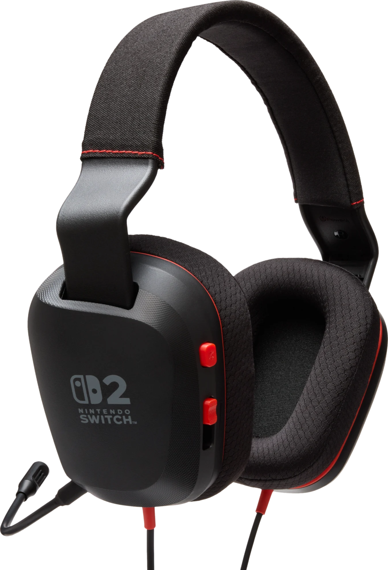 Fekete gamer fejhallgató piros varrással és Nintendo Switch logóval.
