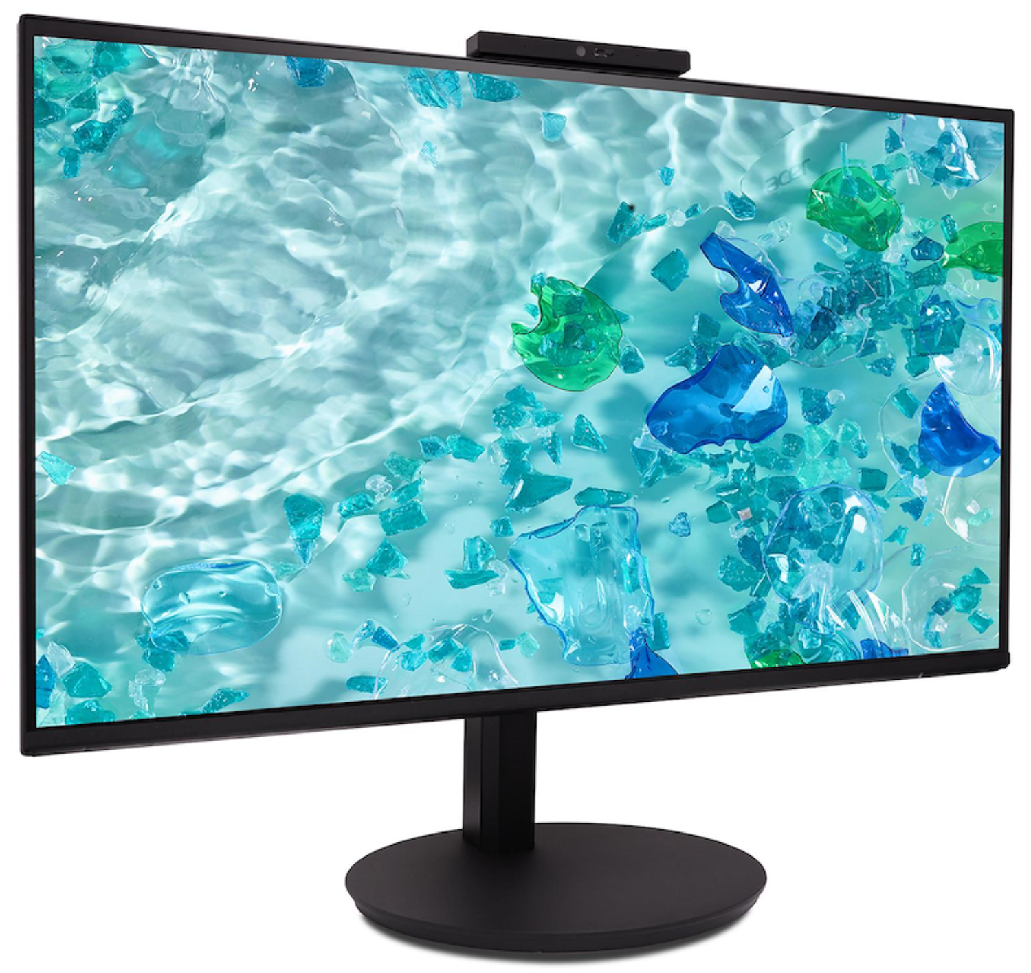 Un monitor que muestra una imagen abstracta de trozos de vidrio roto azul y verde sobre agua.