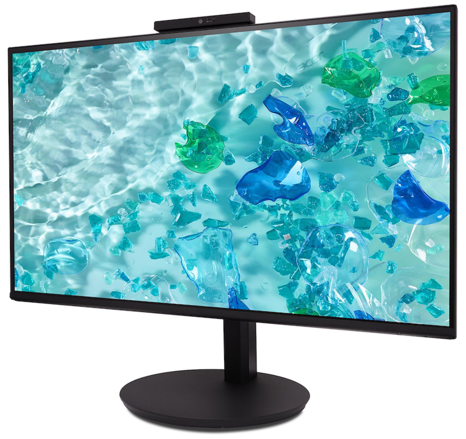Un monitor negro con formas abstractas azules y verdes sobre agua ondulante.