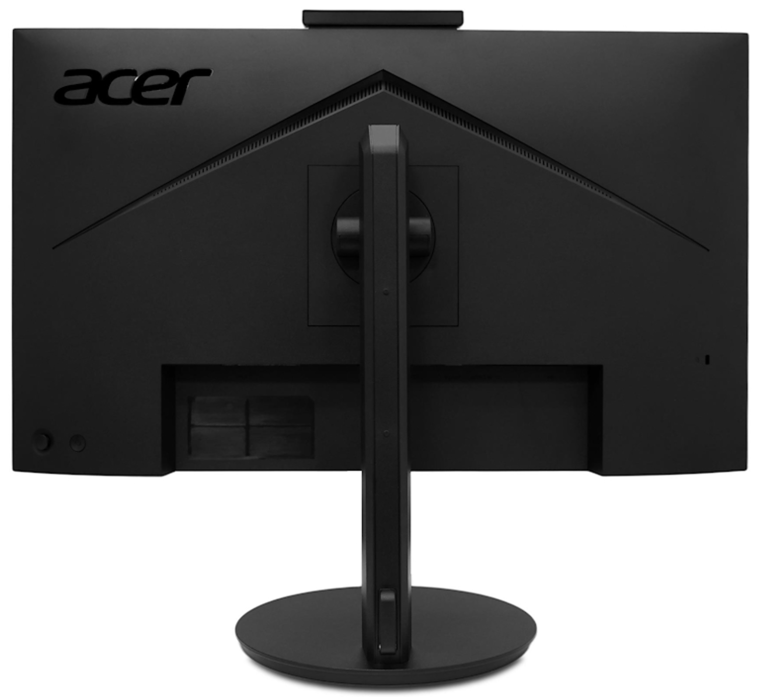 Vista trasera de un monitor Acer negro con soporte y ranuras de ventilación.
