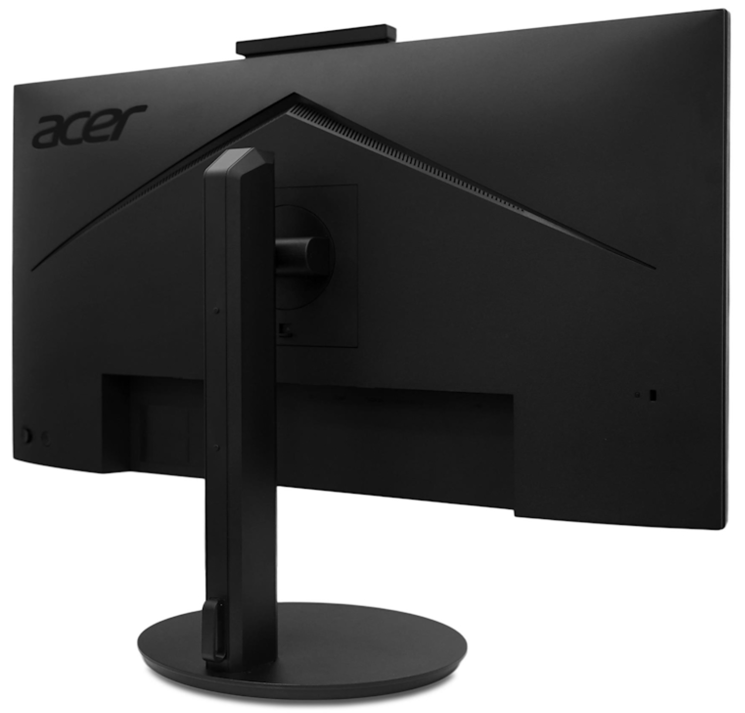 Vista trasera de un monitor Acer negro con soporte, sobre fondo blanco.