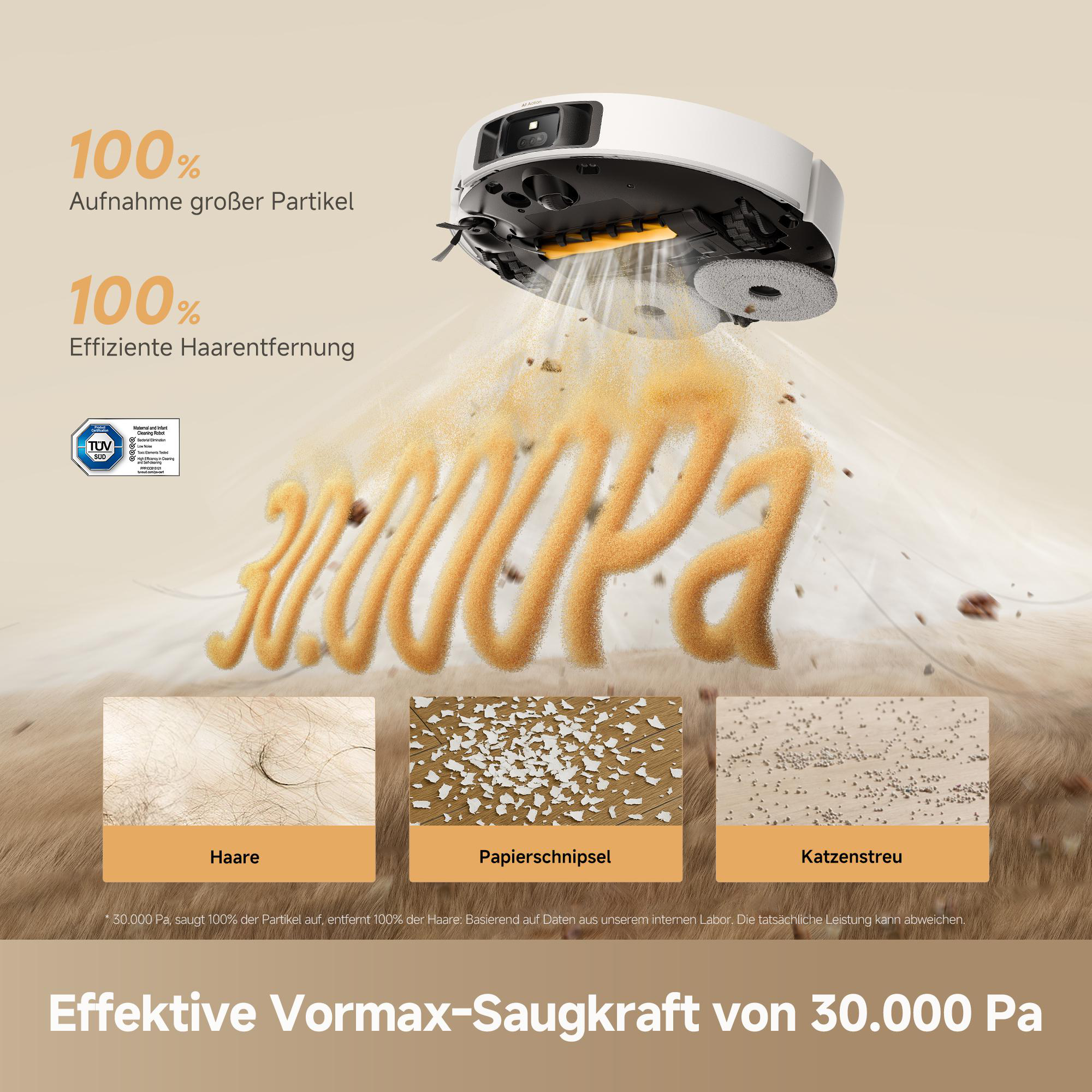 Ein Saugroboter saugt Staub und Haare auf. 30.000 Pa Saugleistung.