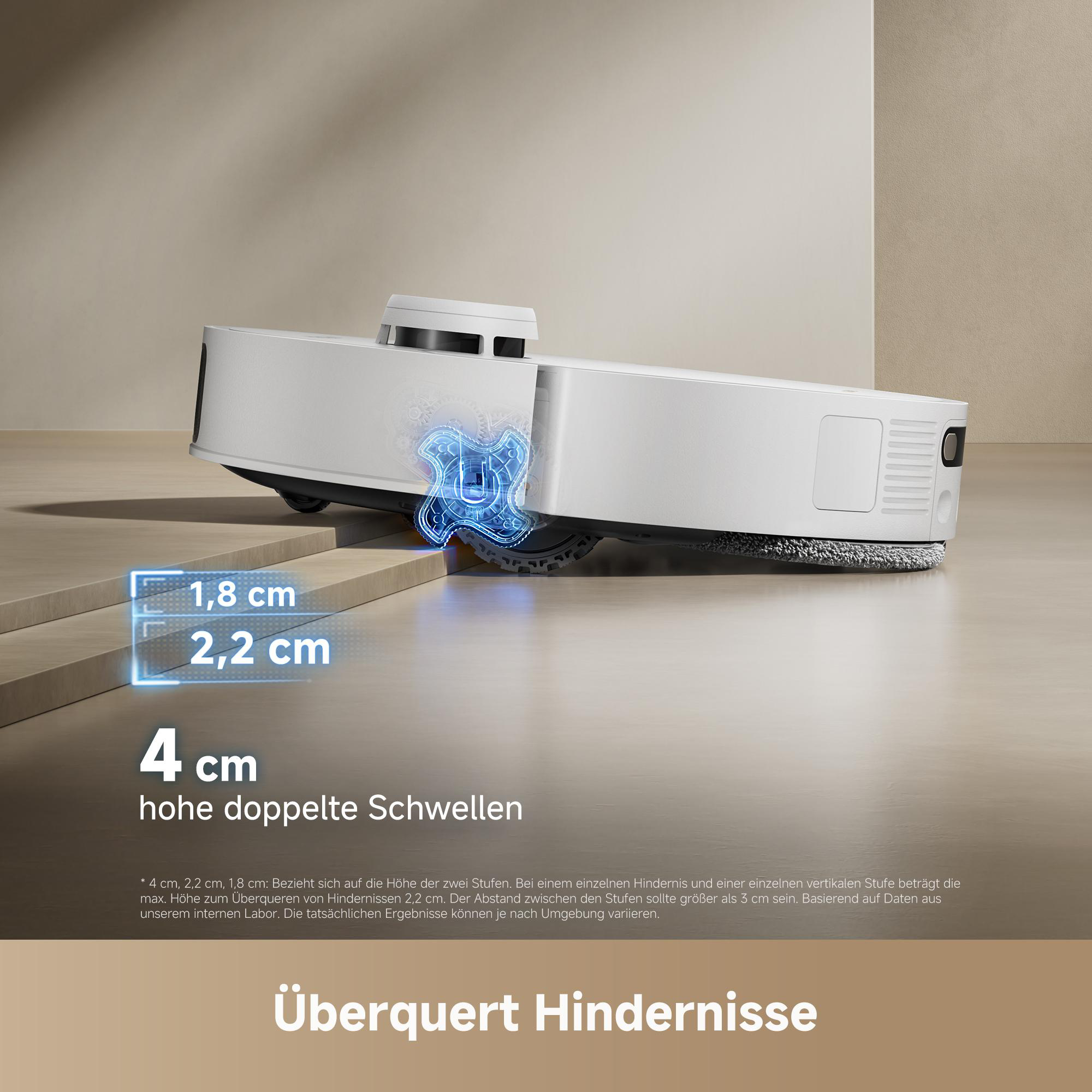 Ein weißer Saugroboter überquert eine Stufe mit 4 cm Höhe.