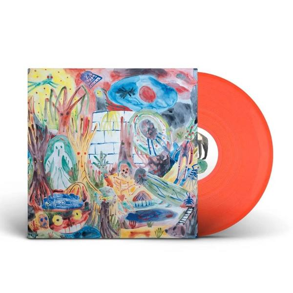 Orange Schallplatte mit surrealer, bunter Albumcover-Kunst, die Geister und Skelette zeigt.