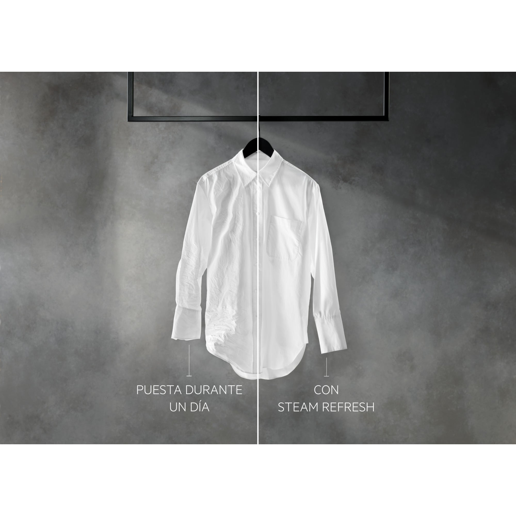 Camisa blanca arrugada a la izquierda, lisa a la derecha tras vapor.