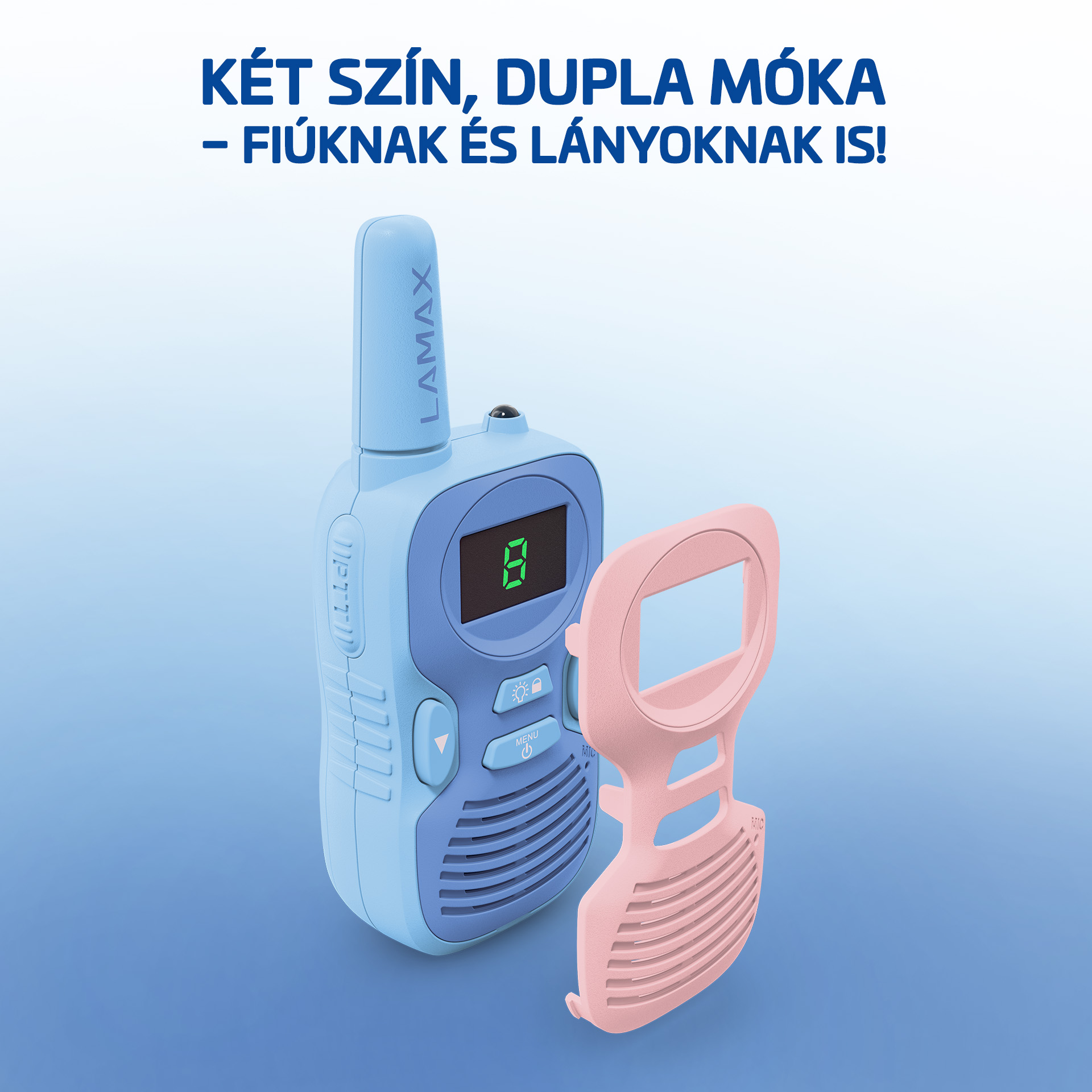 Két walkie-talkie, egy kék és egy rózsaszín tartozék.