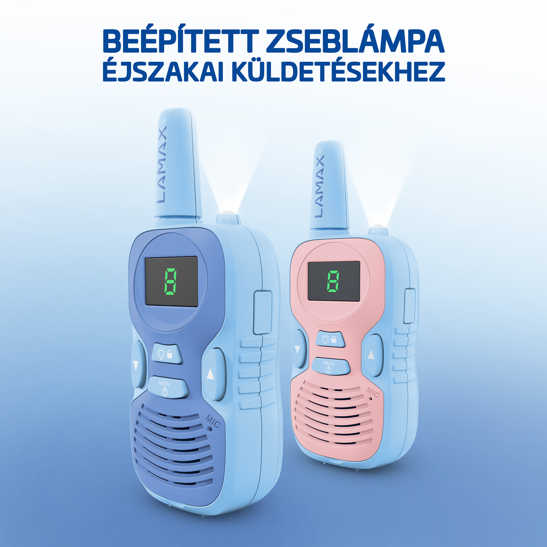 Két LAMAX walkie-talkie, egy kék, egy rózsaszín, fénnyel és képernyővel.