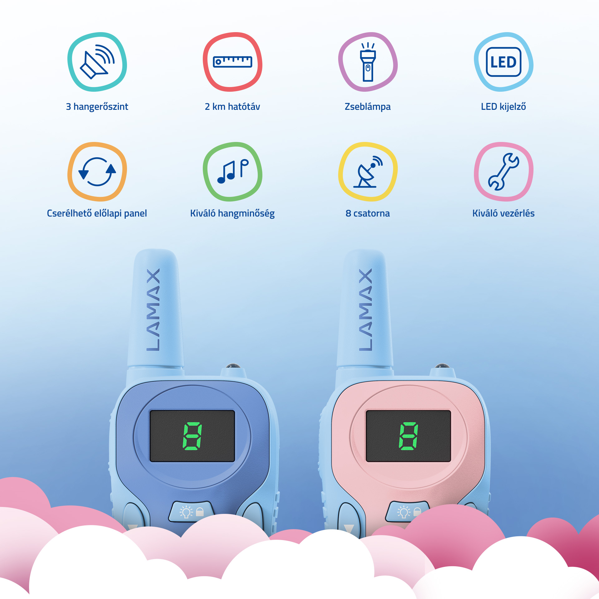 Két LAMAX walkie-talkie, kék és rózsaszín, digitális kijelzőkkel és ikonokkal.