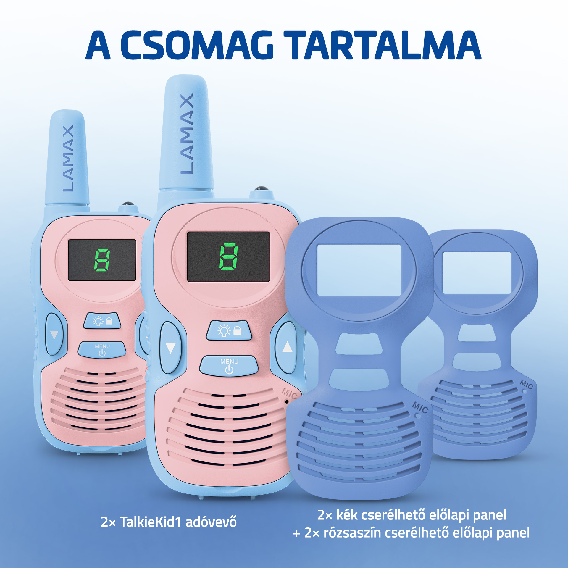 Két világoskék és rózsaszín walkie-talkie cserélhető előlapokkal.