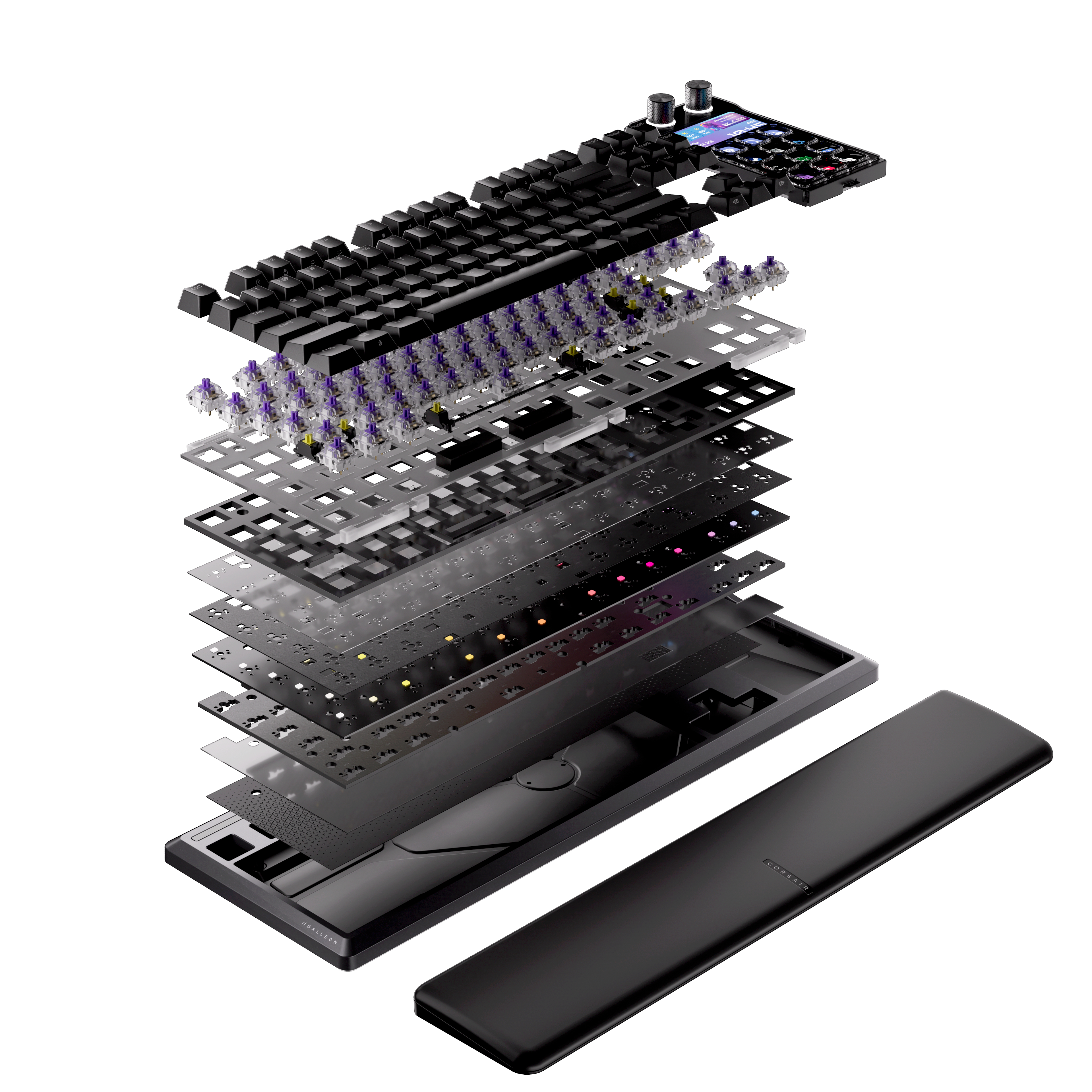 Explodierte Ansicht einer schwarzen Tastatur mit lila Schaltern, Schichten und separater Handballenauflage.