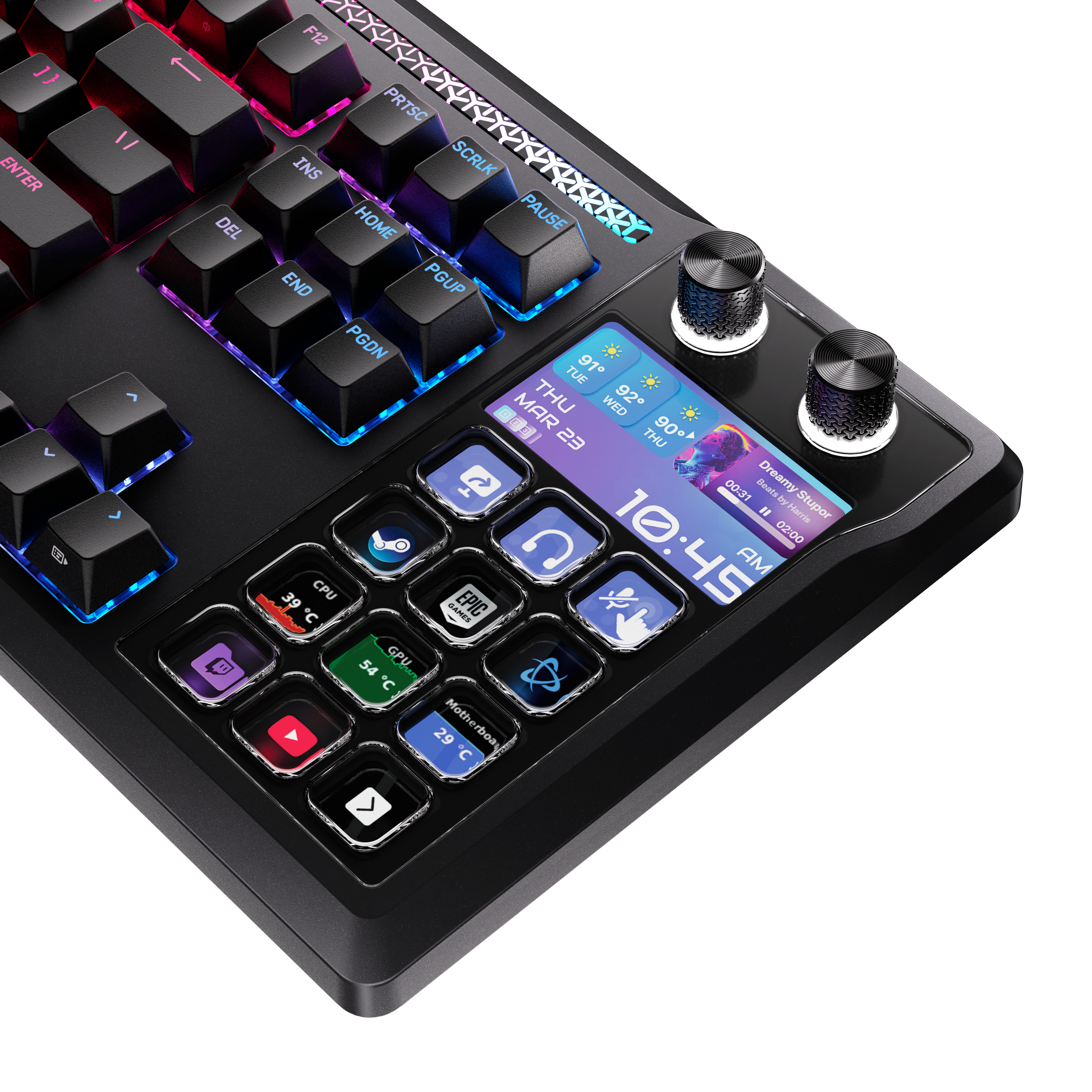 Eine schwarze Tastatur mit farbiger Hintergrundbeleuchtung, einem kleinen Bildschirm und Knöpfen.
