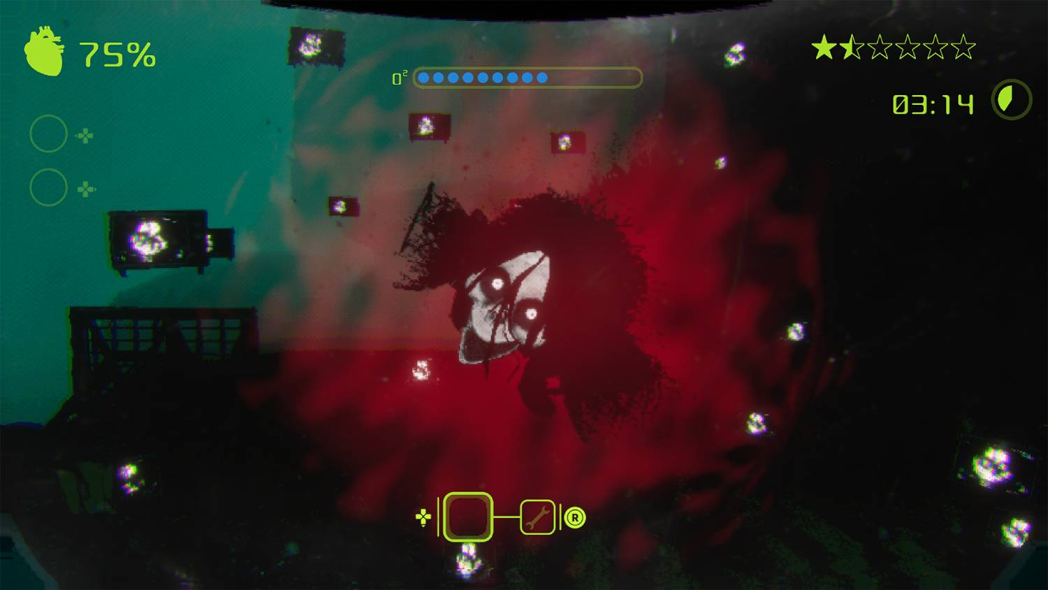 Una cara espeluznante con ojos brillantes en humo rojo, interfaz de juego con icono de corazón.