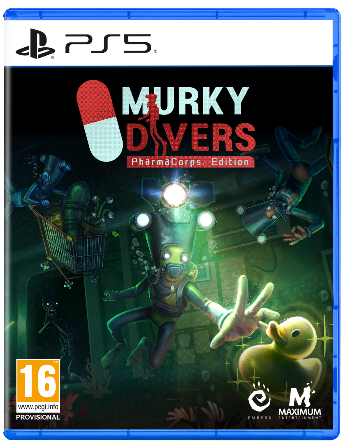 Portada del juego PS5: Buceadores con trajes, un pato y un carrito en un entorno acuático oscuro.